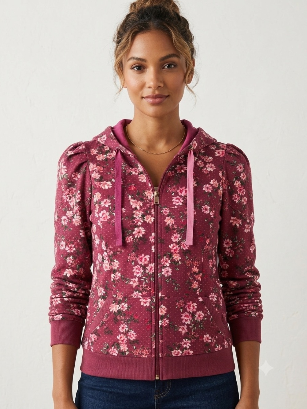 Lacey Chabert Collection, Floral Zip-Up Hoodie in Rose Pink-NWT
